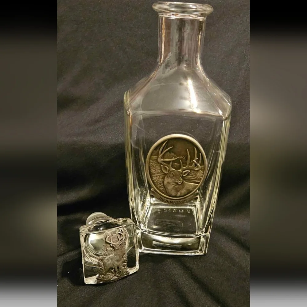 Buckmaster Pewter Whitetail Deer Heritage Metalworks Crystal Glass Vtg Decanter